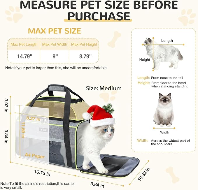 Lekereise Top-Expandable Pet Carrier 17x11x9.5 Inch Alaska Hawaiian Airline Approved Soft Sided Underseat to 12lbs Travel Carriers for Small Cats and Dogs with Locking Safety Zippers Anti-Scratch Mesh