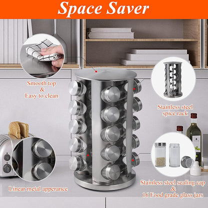 DOUBLE 2 C Revolving Spice Rack with 20 Jars, Rotating Spice Rack Organizer, Seasoning Organizer with Labels, Stainless Steel Spice Carousel for Kitchen Countertop, Cabinet