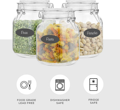 JoyJolt Airtight Glass Jars with Lids Set of 3. 32oz Glass Jar with Lid and 6 Silicone Seals! Med Glass Food Storage Containers. Square Mason Jar, Candy Jar, Sugar Jar, Pasta Containers for Pantry