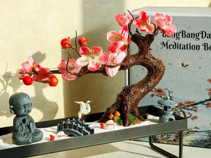 Mini Zen Garden Kit for Desk Tabletop Rock Sand Tray Therapy Kit Office Stress Relief Spiritual Decor Japanese Zen Healing Gifts for Lady Yoga Meditation Accessories with Bonsai Buddha Koli Fish Rake