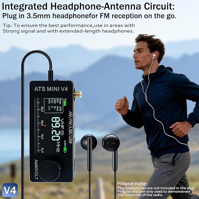 AMNVOLT V4 ATS MINI DSP Radio, ESP32-S3 & SI4732 Chip, Multi-Band AM/FM/LSB/USB Receiver, 1.9'' IPS Color Screen, with Headphone Amplifier & Hi-Z Circuit, Portable for Travel and Radio Enthusiasts