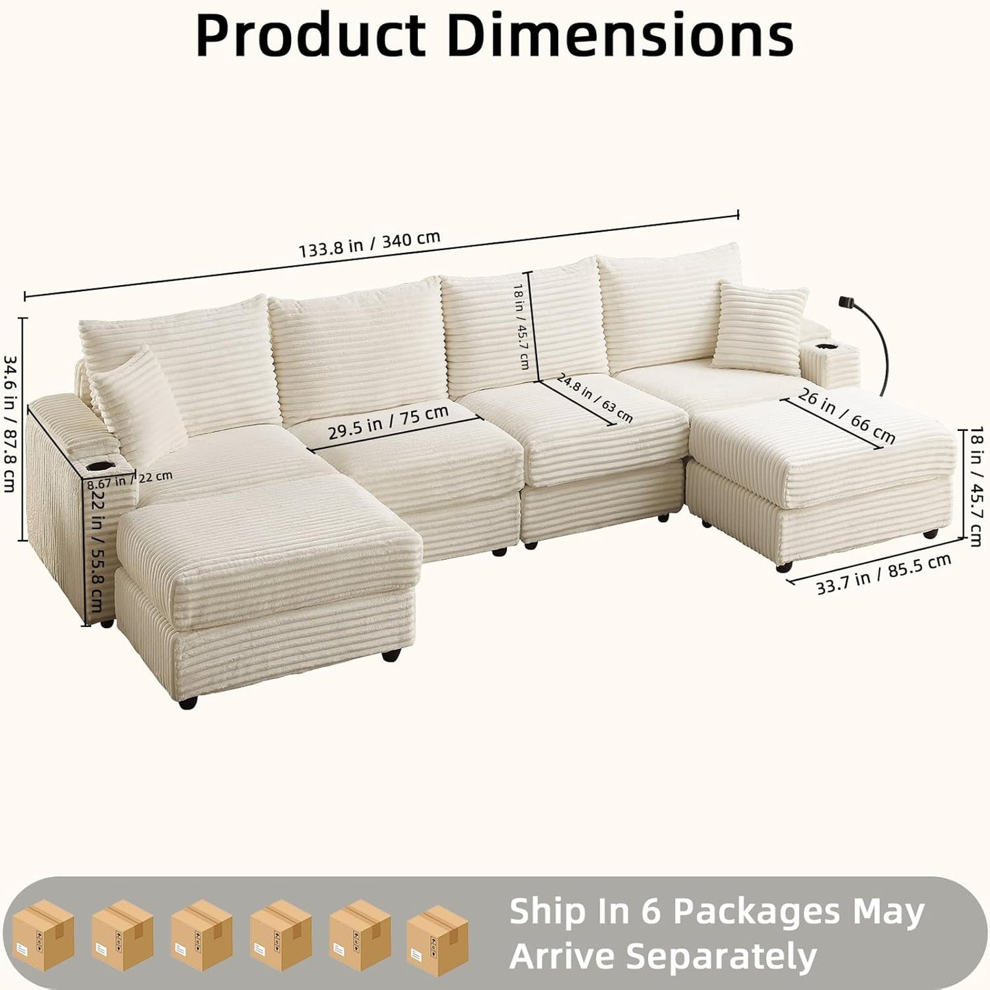 Modular Sectional Sofa Couch, Plush Corduroy Fabric Sectional Couches for Living Room with USB Charging Ports, Phone Holders, and Multi-Functional Storage Armrests (White, 4set+2ottoman)
