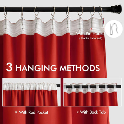 MIULEE Red Back Tab Blackout Curtain 96 Inch Long 2 Panels Set for Living Room Bedroom, Rod Pocket/Pinch Pleat Thermal Insulated Room Darkening Pleated Light Blocking Floor to Ceiling Drape