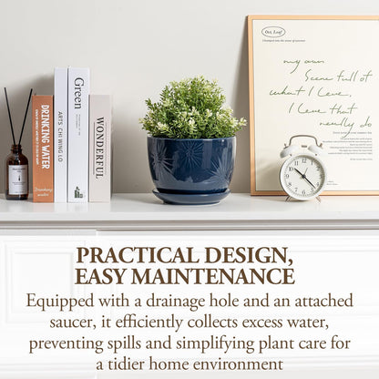 MyGift 7 Inch Round Blue Ceramic Plant Pot with Drainage Hole and Attached Saucer, Modern Decorative Embossed Sunburst Planter Container for Indoor Home Garden