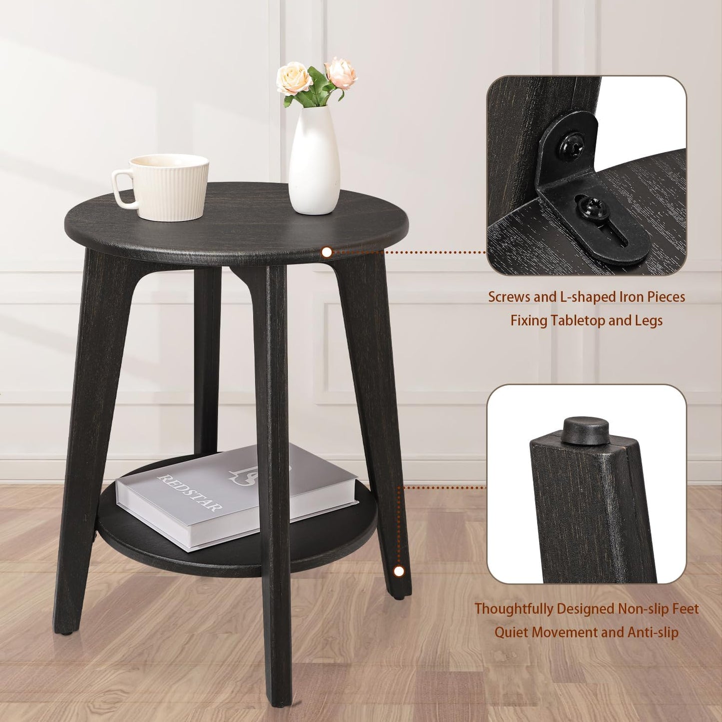 Round Side Table Black Gold Wooden End Table with Lower Shelf Rustic Vintage Nightstand Beside Table for Living Room Bedroom Small Spaces