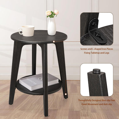 Round Side Table Black Gold Wooden End Table with Lower Shelf Rustic Vintage Nightstand Beside Table for Living Room Bedroom Small Spaces