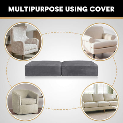 PrinceDeco Velvet Couch Cushion Cover Soft Stretch Cushion Slipcover for Chair Loveseat Sofa Cushion Furniture Protector Seat Cushion Sofa Cover (2 Piece Large Sofa Cushion Covers, Grey)