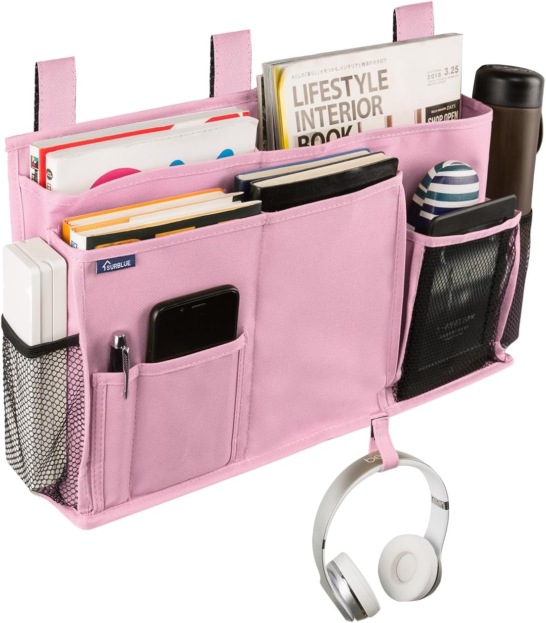 Surblue Caddy Hanging Organizer Bedside Storage Bag for Bunk and Hospital Beds, Pink, L