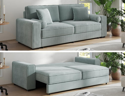 91-Inch Corduroy Pull Out Couch with Storage, Convertible Queen Sleeper Sofa with Pull Out Bed, Hide a Bed Couches for Bedroom, Guest Room, Apartment, Small Places, RV (Sage Green)