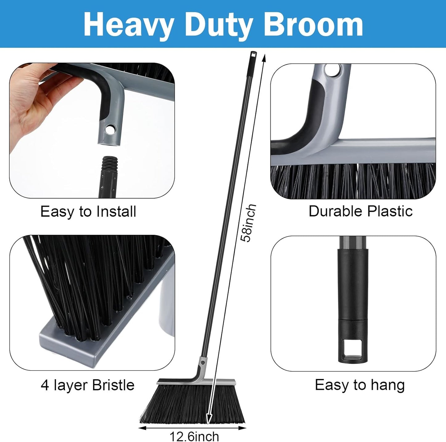 4 Set Broom and Dustpan Set 58 Inch Commercial Broom and Dustpan Combo Set Heavy Duty Lobby Dust Pan Bulk for Lobby Office Home Indoor Outdoor Cleaning Supplies