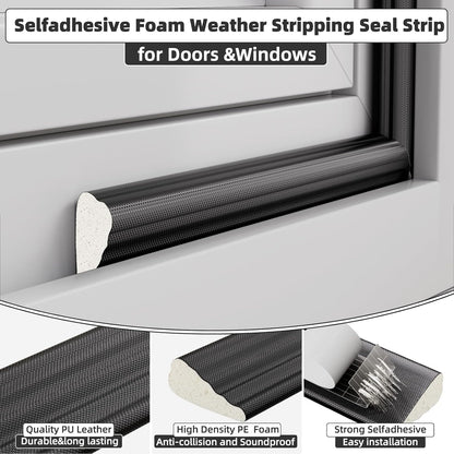 9.8 Ft Weather Stripping Seal Strip for Doors/Windows,Soundproofing Window Insulation Draft Stopper for Winter, Selfadhesive Foam Weather Strip for Door Frame,Door Gap Filler Noise Blocker(Black)
