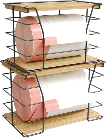 2 Pack Trash Bag Holder/Dispenser, Stackable Storage Laundry Kitchen Organizers for Countertop Organization, Wall Mount Garbage Bag Dispenser with wooden Top, No Drill