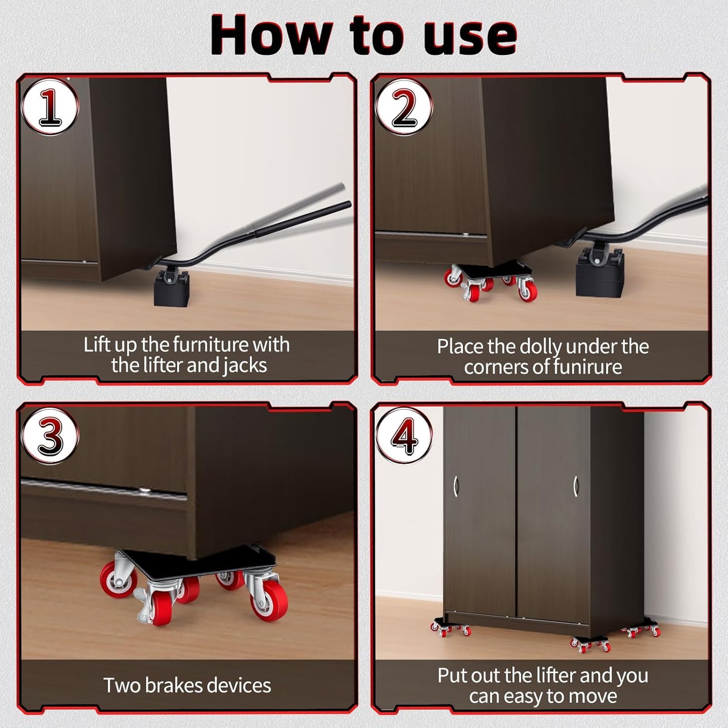 Heavy Furniture Movers with 5 Wheels Furniture Dolly Rotatable Wheel Dolly for Moving Furniture Lift Mover Tool Set Carbon Steel Panel Heavy Duty Dolly Maximum Load 3475 LBS