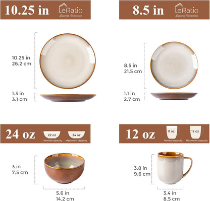 LERATIO Ceramic Dinnerware Sets for 4,16-Piece Reactive Glaze Plates and Bowls Set with Mugs,Highly Chip and Crack Resistant | Dishwasher,Microwave & Oven Safe Dishes set-Kahki