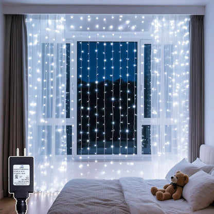 200 LED Curtain String Lights 9.8 * 6.6FT Plug in Fairy with Timer and 8 Modes, Waterproof Window Wall Lights for Bedroom Wedding Party Indoor Outdoor Christmas Decor