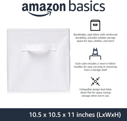 Amazon Basics Collapsible Fabric Storage Cubes Organizer with Handles, Sturdy, White, 10.5-x-10.5-x-11-inch, Pack of 6