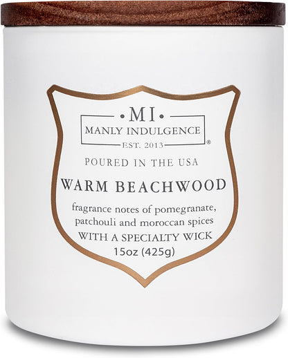 Manly Indulgence Warm Beachwood Scented Candles for Men, 15 oz Wooden Wick, Premium Soy Blend Wax, 60H Burn, Candles for Home Scented - Made in The USA