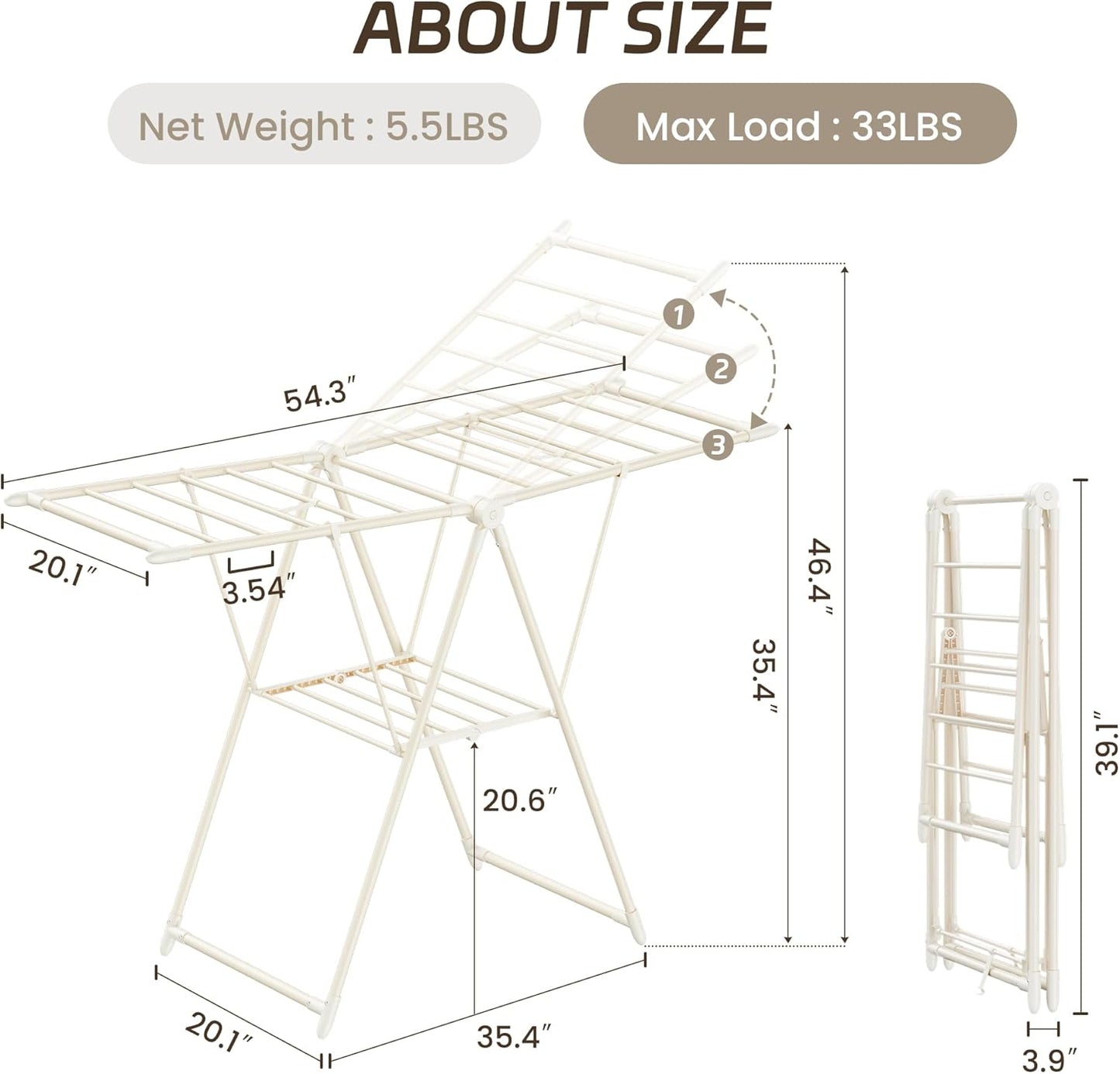 GameGem Clothes Drying Rack, Drying Rack Clothing, Foldable Laundry Drying Rack with 3 Heights-Adjustable, Sturdy Carbon Steel & Anti Slip Feet, Indoor Outdoor Use, Cream White