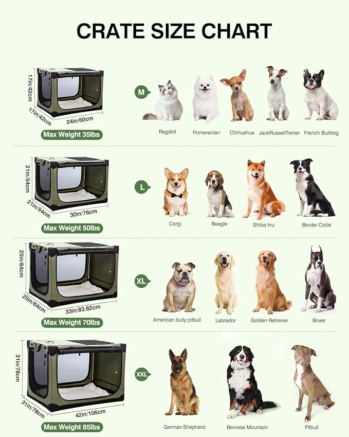 24-Inch Collapsible Travel Dog Crate, Portable 4-Door Soft Kennel for Medium to Large Dogs, Chew-Proof Mesh Windows, Indoor/Outdoor Use, Foldable, with Storage Bag (Green)