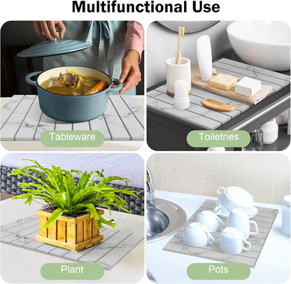 Stone Dish Drying Mat for Kitchen Counter,24"(L)×16"(W) Collapsible Fast-Drying Diatomaceous Earth Mats with Towel Sanding Tool,Versatile Stone Drying Mats for Cups Dishes Bottles