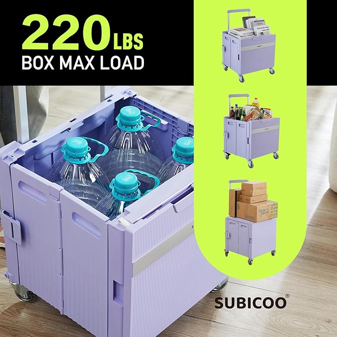 Folding Utility Cart Portable Rolling Crate Handcart Shopping Trolley Collapsible Tool Box, with Lid, on Rotate Wheels, for Grocery, Shopping, Office, Teacher, Camp,File (Purple)