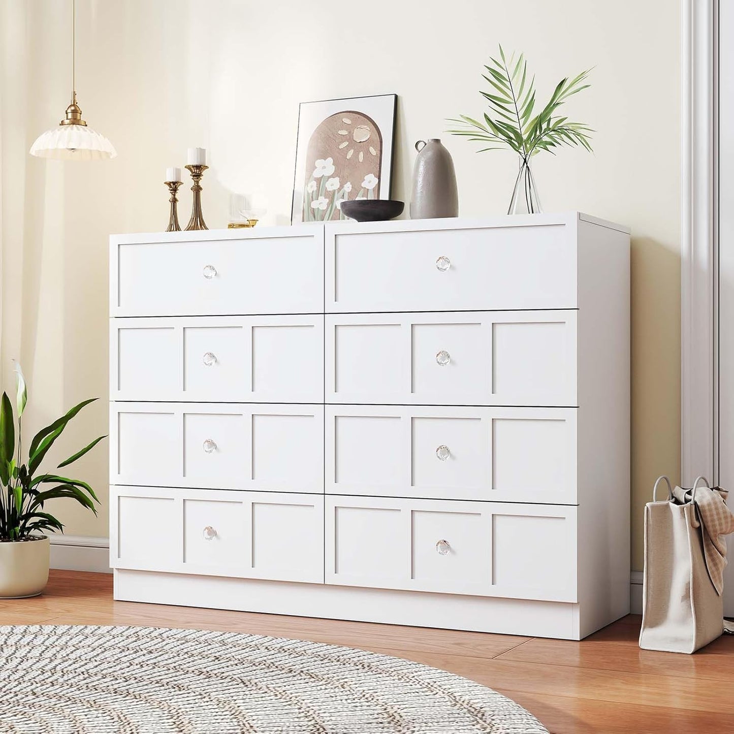 Wood Dresser for Bedroom 8 Drawer: 47" White Chest of Drawers Wood, Modern Fluted Cabinet with Sturdy Storage, Wide Aesthetic Furniture for Room Organization