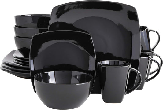 Gibson Elite Soho Lounge Square Reactive Glaze Stoneware Dinnerware Set, Service for 4 (16pc), Black