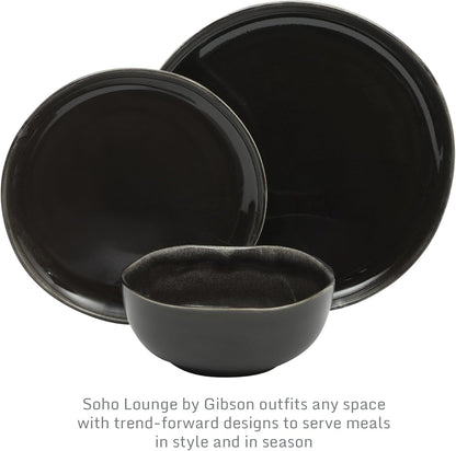 Gibson Elite Nardini 12 Piece (Service for 4) Plates and Bowls Reactive Glaze Dishes Stoneware Ceramic Dinnerware Set - Black