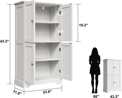 ChooChoo Bathroom Floor Cabinet, Modern Bathroom Storage Cabinet with 4 Doors and Adjustable Shelves, Freestanding Cupboard for Living Room, White
