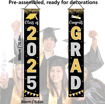Graduation Decorations 2025 GRAD Banner Black Porch Door Sign Welcome Banner For Indoor Outdoor Wall Graduation Decorations Class of 2025