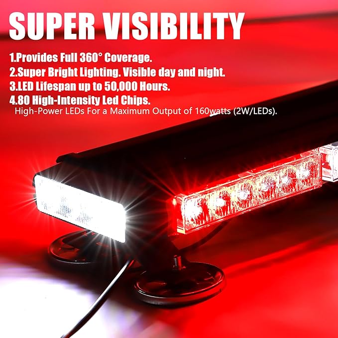 WINECO Red White Roof top light bar Magnetic Flashing 80 LED Emergency Strobe Light Bar for Volunteer POV Firefighter EMS Law Enforcement Vehicles Police Cars, Double Side Safety Warning Beacon Lights