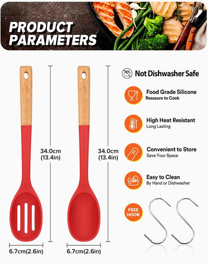 Silicone Cooking Spoons, Great for Scooping Sides and Serving Hearty Stews, BPA-Free Matte Silicone, Wooden Handle Serving Spoon for Nonstick Cooking Surfaces (Red)