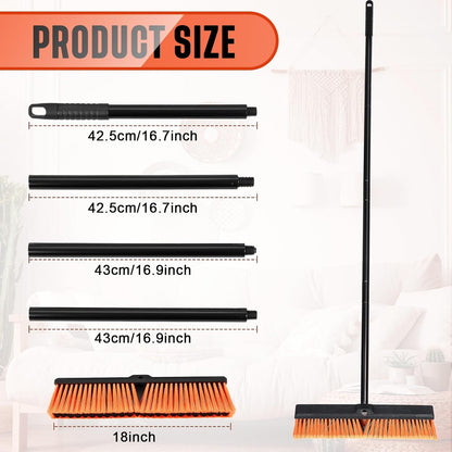 Zhehao 6 Pack 18 Inches Push Broom Outdoor, Multi Surface Garden Brush Broom with Adjustable 63" Long Handle for Deck, Driveway, Patio, Warehouse, Garage, Yard, Concrete Floor Cleaning (Orange)