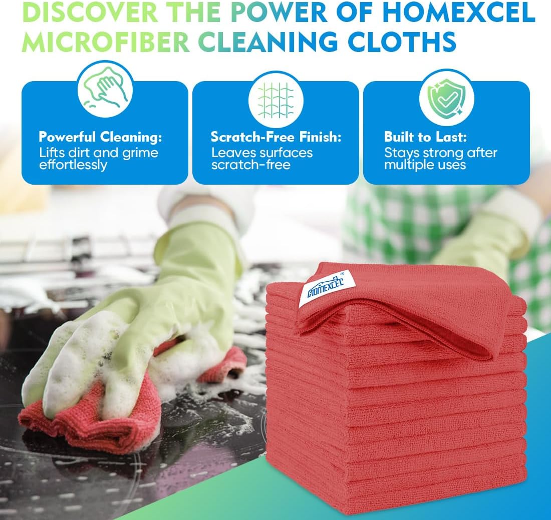 HOMEXCEL Red Microfiber Cleaning Cloth 12 Pack, 12.5 x 12.5 inch Microfiber Towels for Cars, Ultra Absorbent Car Washing Cloth, Lint Free Streak Free Cleaning Rags for Car, Kitchen, and Window