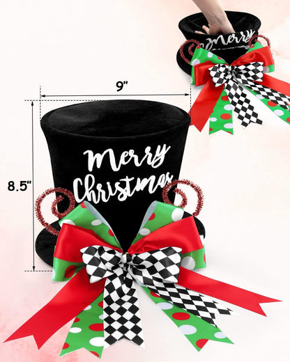 Merry Christmas Tree Topper Whimsical Top Hat with Check Bows Xmas Tree Ornament Winter Holidays Home Decoration Wreath Attachment Festive Gift Ideas Supplies