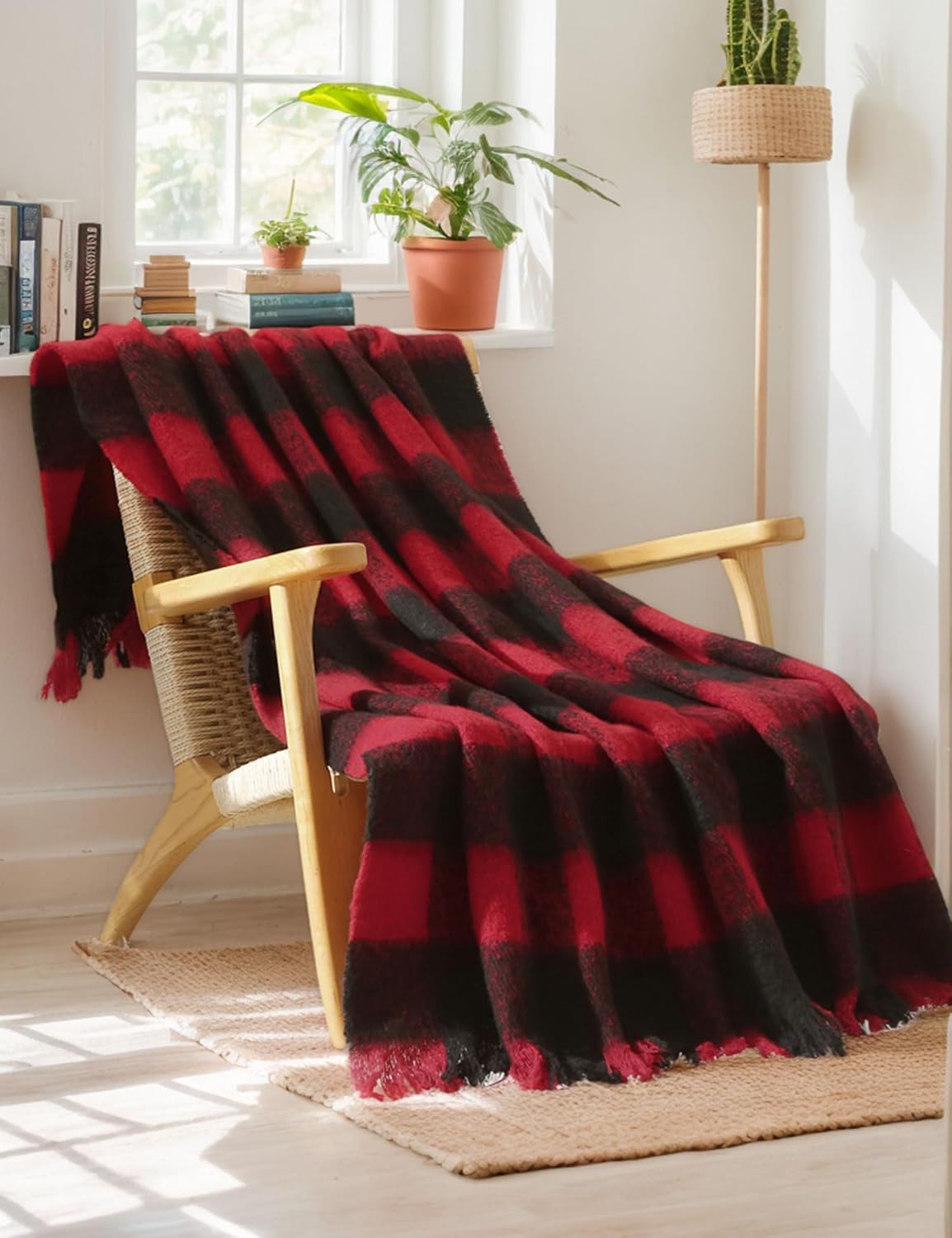 ZonLi Christmas Buffalo Plaid Throw Blanket, 50" x 60" Black and Red Decorative Blankets with Tassel for Couch, Bed, Sofa, Chair, Outdoor, Cozy Warm Lightweight Farmhouse