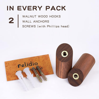 Wooden Wall Hooks, 2 Pack Coat Hooks Wall Mount, Natural Wood Hooks Coat Rack, Heavy Duty Hooks for Hanging Towels Entryway Coats Hat Rack for Wall (Walnut Wood)