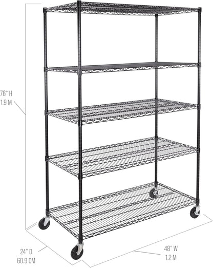 Seville Classics UltraDurable Heavy Duty NSF Solid Steel Wire Rack Storage Unit, Organizer for Garage, Warehouse, Office, Restaurant, Classroom, Kitchen, Black, 5-Tier Shelving, 48" W x 24" D