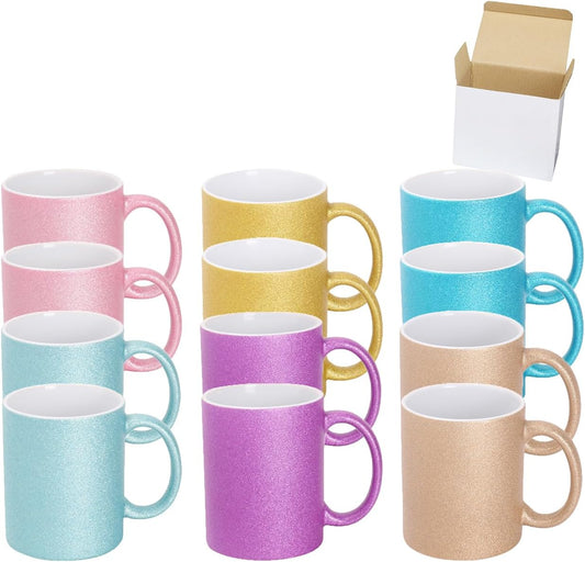 11oz White Ceramic Sublimation Coffee Mug in White Gift Box, 6 Sparkling Mixed Colors, Case of 12