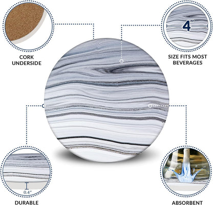 Emerson Coasters for Drinks Absorbent – Natural Stone Drink Coasters Set with Holder, Coasters for Coffee Table, Wooden Tabletop Protection Marble Style – 100% Heavy Duty Set of 6 (Sea)