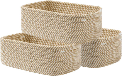 Small Woven Basket, 12 x 8 x 4.5 Inches, Storage Basket for Organizing, Cute Small Rope Shelf Closet Cube Storage Bins Baskets for Shelves, Dog Toy Gift Baskets Empty, 3 Pack Brown