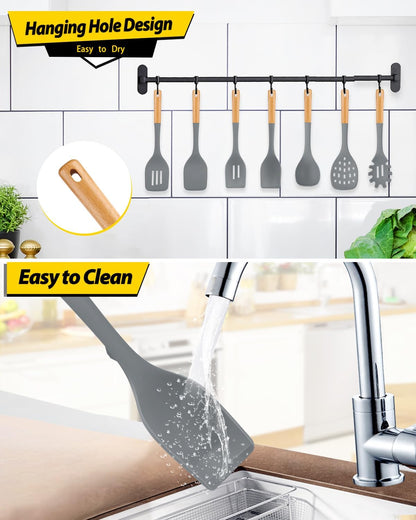 Silicone Kitchen Utensil Set for Non Stick Cookware, 7 Pcs Heat Resistant Cooking Utensils with Wooden Handle, BPA Free Kitchen Tools with Spatulas, Spoons, Skimmer and Pasta Fork (GRAY)