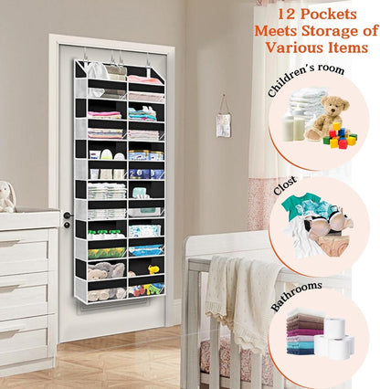 Over The Door Organizer 6 Tiers, Extra Large Behind Door Storage of 12 Compartments, 80 lbs Weight Capacity Hanging Storage Organizer with Clear Window Kids Toys, Shoes, Diapers, Room Storage,Black