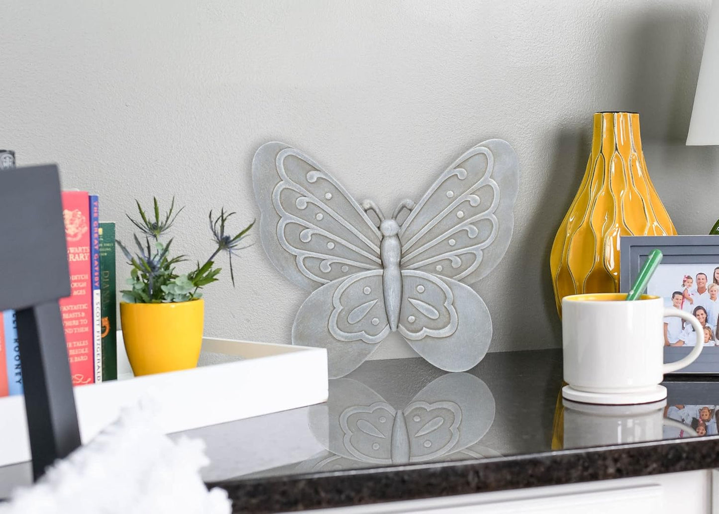 NAT & Jules Animal Character Shaped Dimensional Indoor Outdoor 11 inch Cast Resin Decorative Garden Stepping Stone, Patio, Walkway Sculpture Yard Art, Stone Grey Butterfly