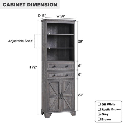 Bathroom Storage Cabinet, 72" Tall Farmhouse Storage Cabinet with 2 Drawers, Adjustable Shelves & Barn Door, Cabinet for Bathroom, Living Room, Kitchen, Grey Wash