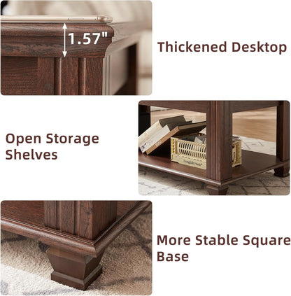 Farmhouse Coffee Tables for Living Room,Square Living Room Tables with Open Storage Shelf,Large Modern Coffee Table,Rustic Brown Center Table,Walnut