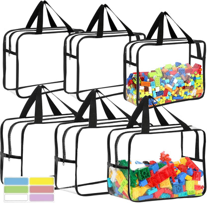 6 Packs Large Toy Storage Bags with Labels, Reusable Clear PVC Board Game Storage, Travel Waterproof Organizer Bags with Zipper for Building Blocks, Puzzle, Kids Books(3 large & 3 Extra Large)