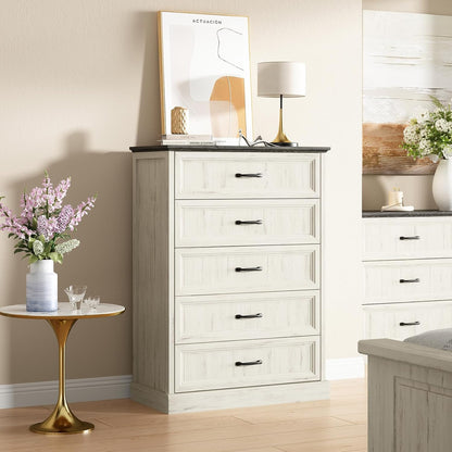 Farmhouse 5 Drawers Dresser for Bedroom, 44" Tall White Dresser Wood Rustic Chest of Drawers with Wide Metal Handle,Natural Texture,Drawer Organizer for Bedroom,Living Room,Hallway and Entryway