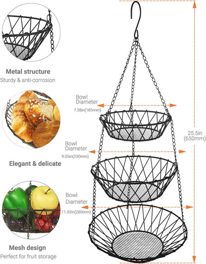 3 Tier Hanging Basket with Sturdy Metal Chain Hanging Hooks Fruit and Vegetable Basket Heavy Duty Wire Organizer Space Saving Rustic Country Style Kitchen Storage