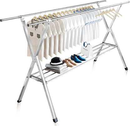 JAUREE Clothes Drying Rack 2 Tiers, Heavy Duty Drying Rack Clothing Folding Indoor Outdoor, Stainless Steel Laundry Drying Rack, Foldable Garment Rack with 20 Windproof Hooks (84 Inches)